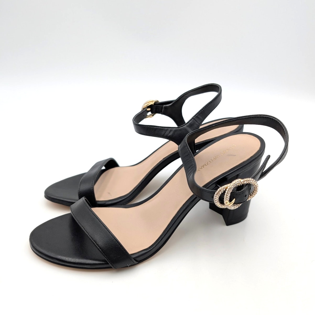 Stuart Weitzman Crystal Buckle 75 Block Heel Sandals Women's Black Size Us8.5